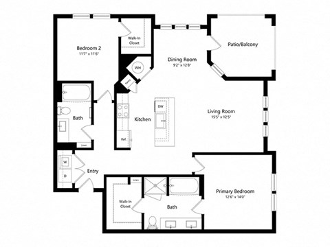 Floor plan for 2 beds, 2 baths, 1230 sqft