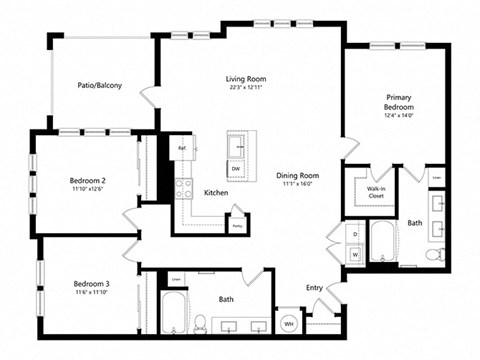Floor plan for 3 beds, 2 baths, 1491 sqft