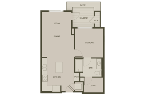 Floor plan for 1 bed, 1 bath, 737 sqft