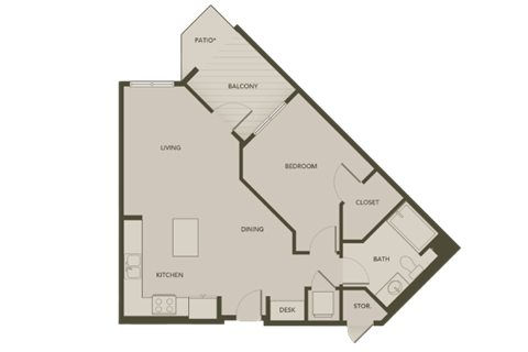 Floor plan for 1 bed, 1 bath, 761 sqft