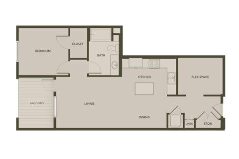 Floor plan for 1 bed, 1 bath, 884 sqft