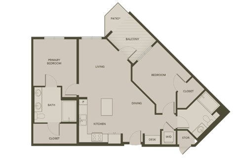 Floor plan for 2 beds, 2 baths, 1067 sqft