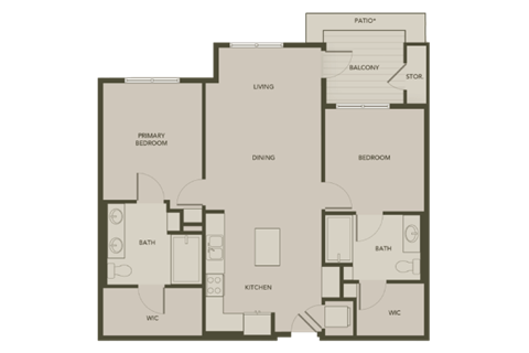 Floor plan for 2 beds, 2 baths, 1068 sqft