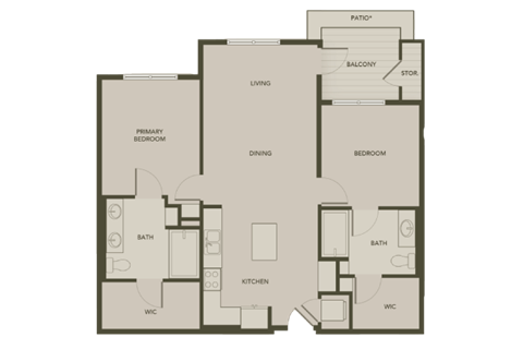 Floor plan for 2 beds, 2 baths, 1074 sqft