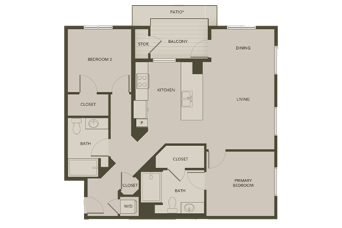 Floor plan for 2 beds, 2 baths, 1107 sqft
