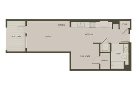 Floor plan for studio, 1 bath, 671 sqft