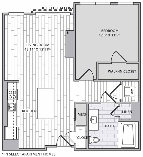 Floor plan for 1 bed, 1 bath, 753 sqft