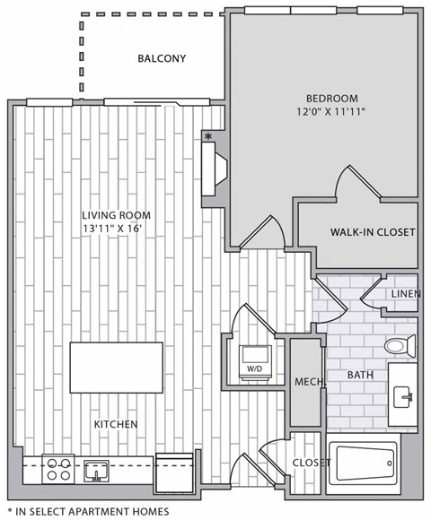 Floor plan for 1 bed, 1 bath, 778 sqft