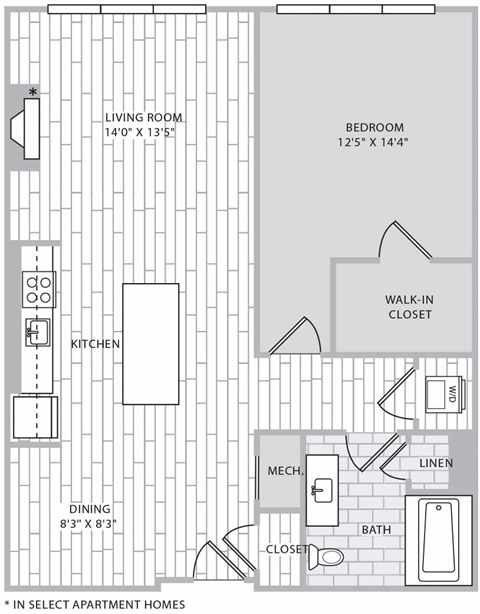 Floor plan for 1 bed, 1 bath, 933 sqft