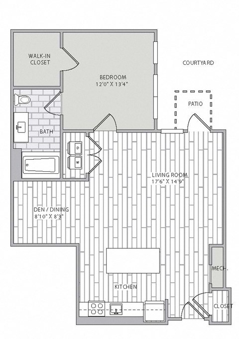 Floor plan for 1 bed, 1 bath, 915 sqft