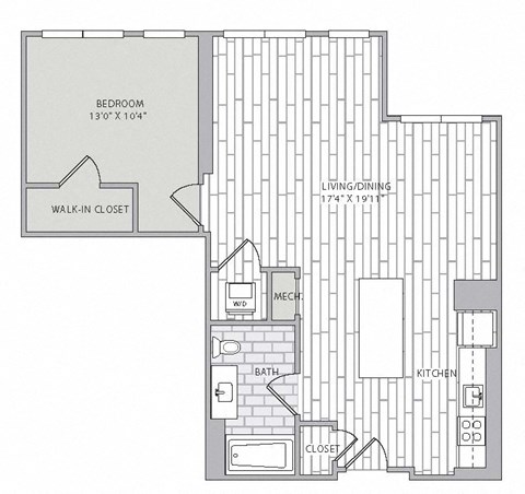 Floor plan for 1 bed, 1 bath, 814 sqft