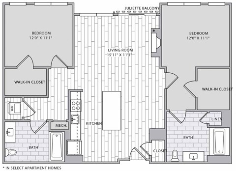 Floor plan for 2 beds, 2 baths, 1157 sqft