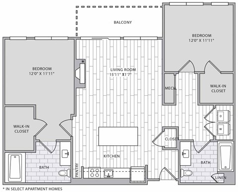 Floor plan for 2 beds, 2 baths, 1142 sqft