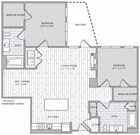 Floor plan for 2 beds, 2 baths, 1225 sqft