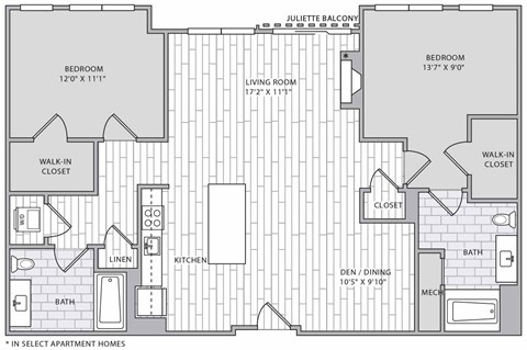 Floor plan for 2 beds, 2 baths, 1273 sqft