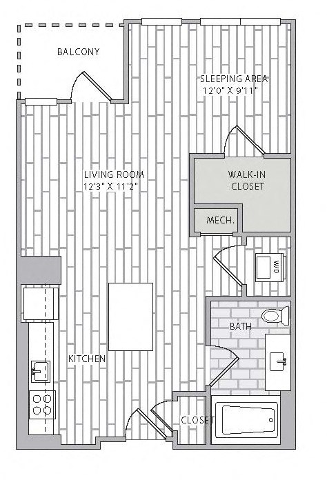Floor plan for studio, 1 bath, 622 sqft