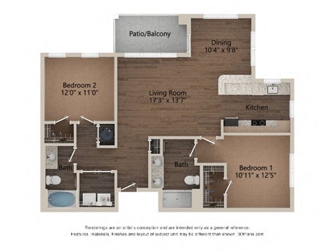 Floor plan for 2 beds, 2 baths, 1082 sqft