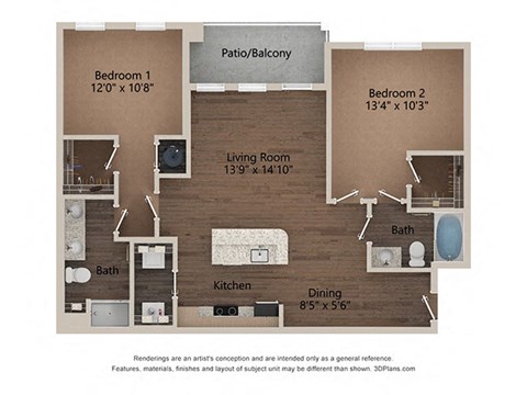 Floor plan for 2 beds, 2 baths, 1059 sqft