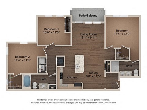 Floor plan for 3 beds, 2 baths, 1272 sqft