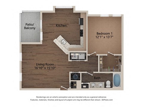 Floor plan for 1 bed, 1 bath, 844 sqft