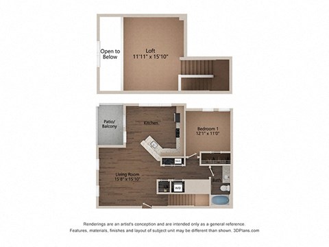 Floor plan for 1 bed, 1 bath, 1094 sqft