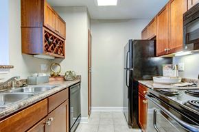 Atlanta apartment for rent - a kitchen with stainless steel appliances and wooden cabinets