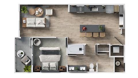 Floor plan for 1 bed, 1 bath, 697 sqft