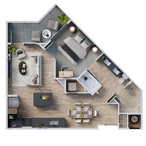 Floor plan for 1 bed, 1 bath, 715 sqft