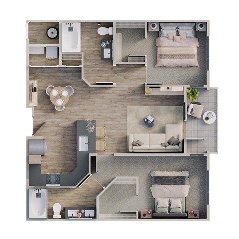 Floor plan for 2 beds, 2 baths, 1069 sqft