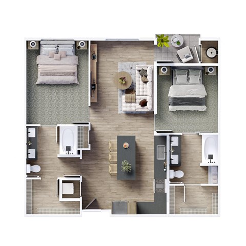 Floor plan for 2 beds, 2 baths, 1061 sqft