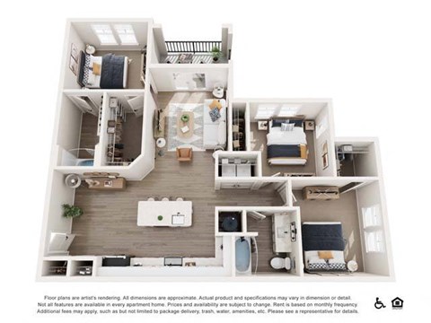 Floor plan for 3 beds, 2 baths, 1287 sqft