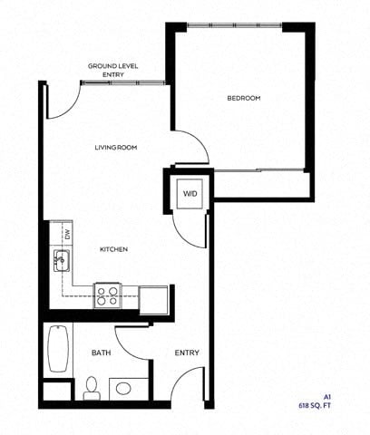 Floor plan for 1 bed, 1 bath, 618 sqft