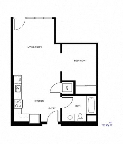 Floor plan for 1 bed, 1 bath, 776 sqft