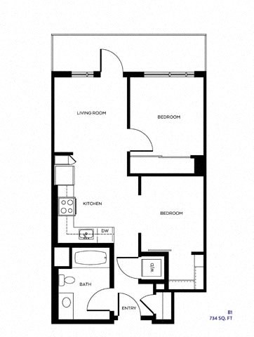 Floor plan for 1 bed, 2 baths, 713 sqft