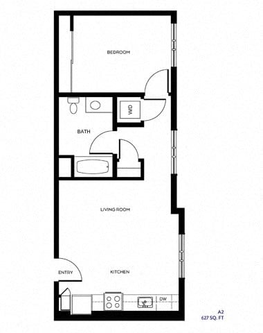 Floor plan for 1 bed, 1 bath, 627 sqft