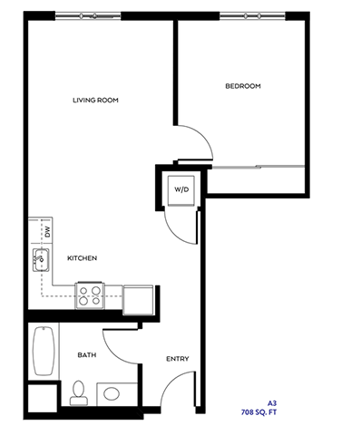 Floor plan for 1 bed, 1 bath, 708 sqft