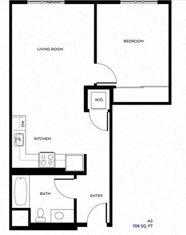 Floor plan for 1 bed, 1 bath, 533 sqft