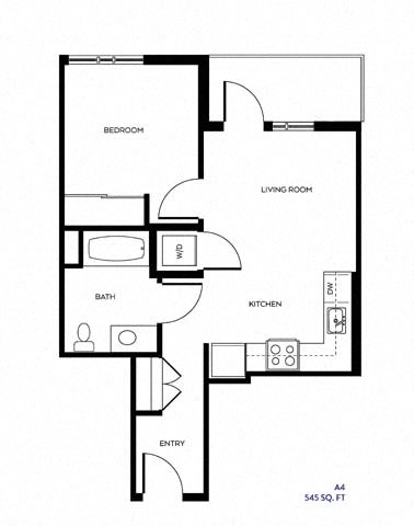 Floor plan for 1 bed, 1 bath, 605 sqft