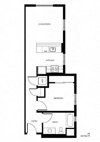 Floor plan for 1 bed, 1 bath, 667 sqft