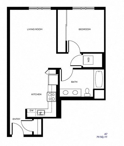 Floor plan for 1 bed, 1 bath, 711 sqft