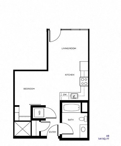 Floor plan for 1 bed, 1 bath, 541 sqft