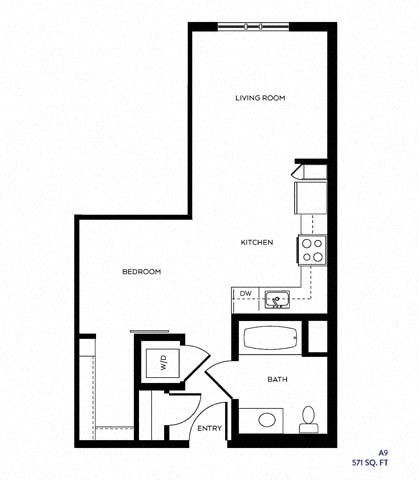 Floor plan for 1 bed, 1 bath, 571 sqft