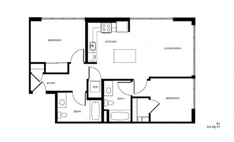 Floor plan for 2 beds, 2 baths, 954 sqft