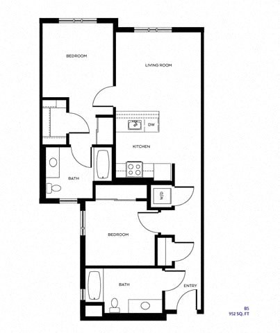 Floor plan for 2 beds, 2 baths, 952 sqft
