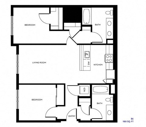 Floor plan for 2 beds, 2 baths, 980 sqft