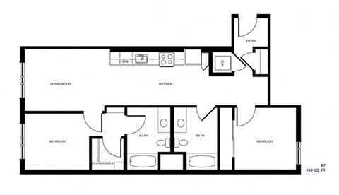 Floor plan for 2 beds, 2 baths, 909 sqft
