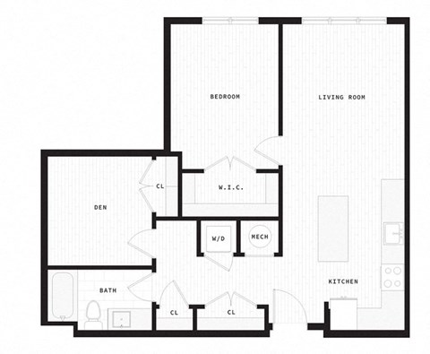 Floor plan for 1 bed, 1 bath, 881 sqft