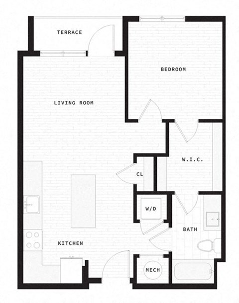 Floor plan for 1 bed, 1 bath, 705 sqft