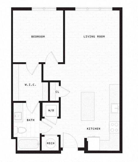 Floor plan for 1 bed, 1 bath, 753 sqft