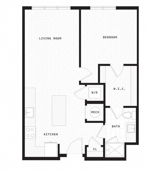 Floor plan for 1 bed, 1 bath, 756 sqft